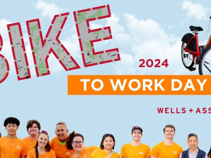 graphic with text saying Bike To Work 2024, with a photo of a bikeshare bike, and Wells & Associates TDM + Mobility Management team